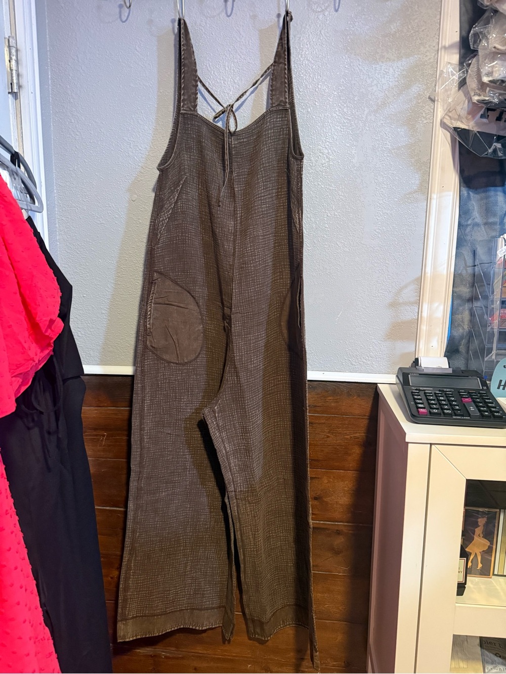 Zenana Outfitters Brown Textured Wide-Leg Jumpsuit